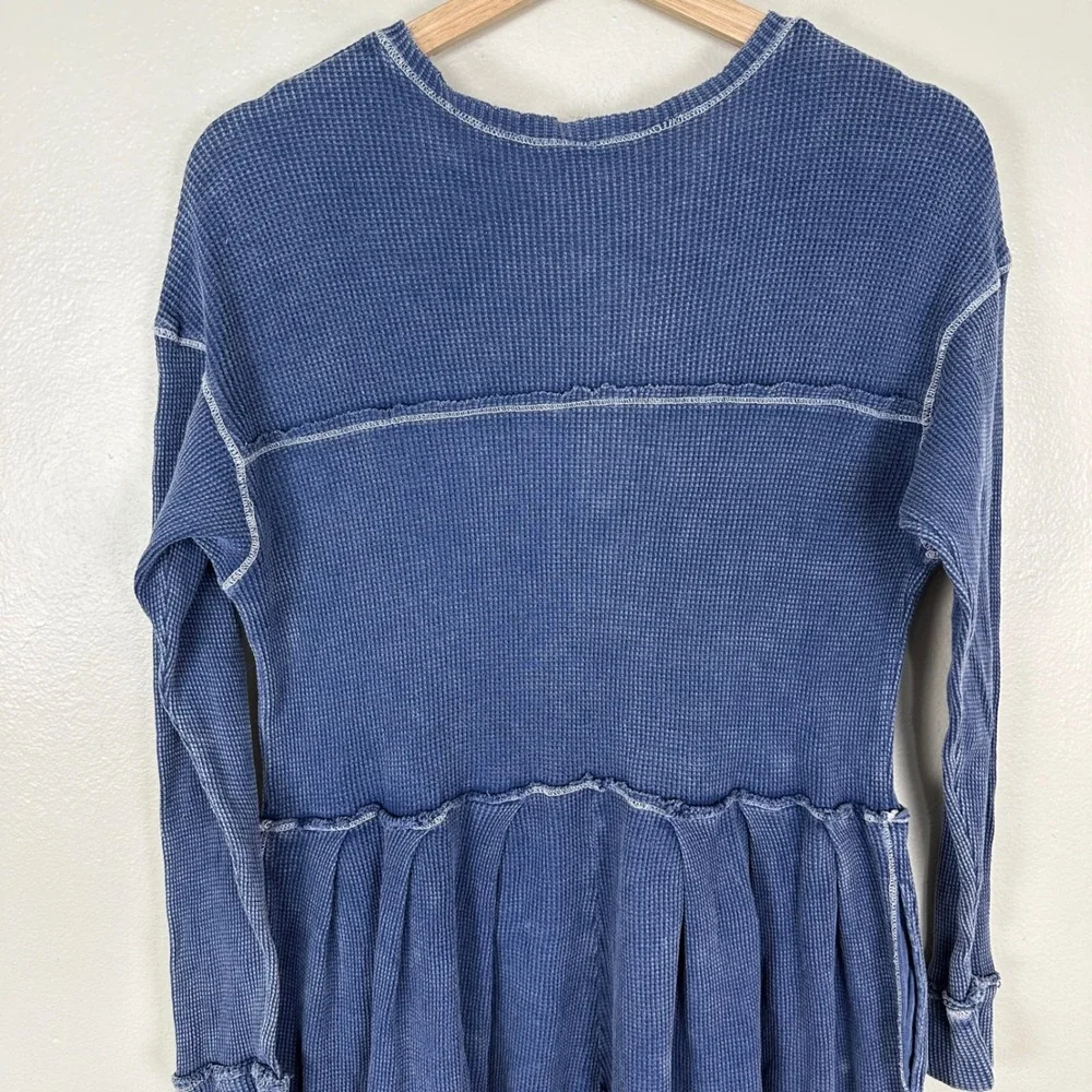 Free People Women's M Thermal Jumpsuit Blue Waffle Knit Wide Leg Long Sleeve